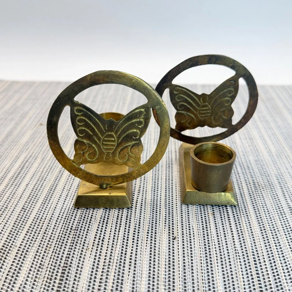 Vintage Brass Butterfly Taper Candle Holders Set of 2 Made in India Gold Boho